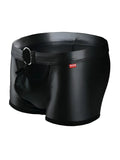 Black shiny faux leather menâ€™s briefs with silver ring detail on waistband tartarus ring trunk front view