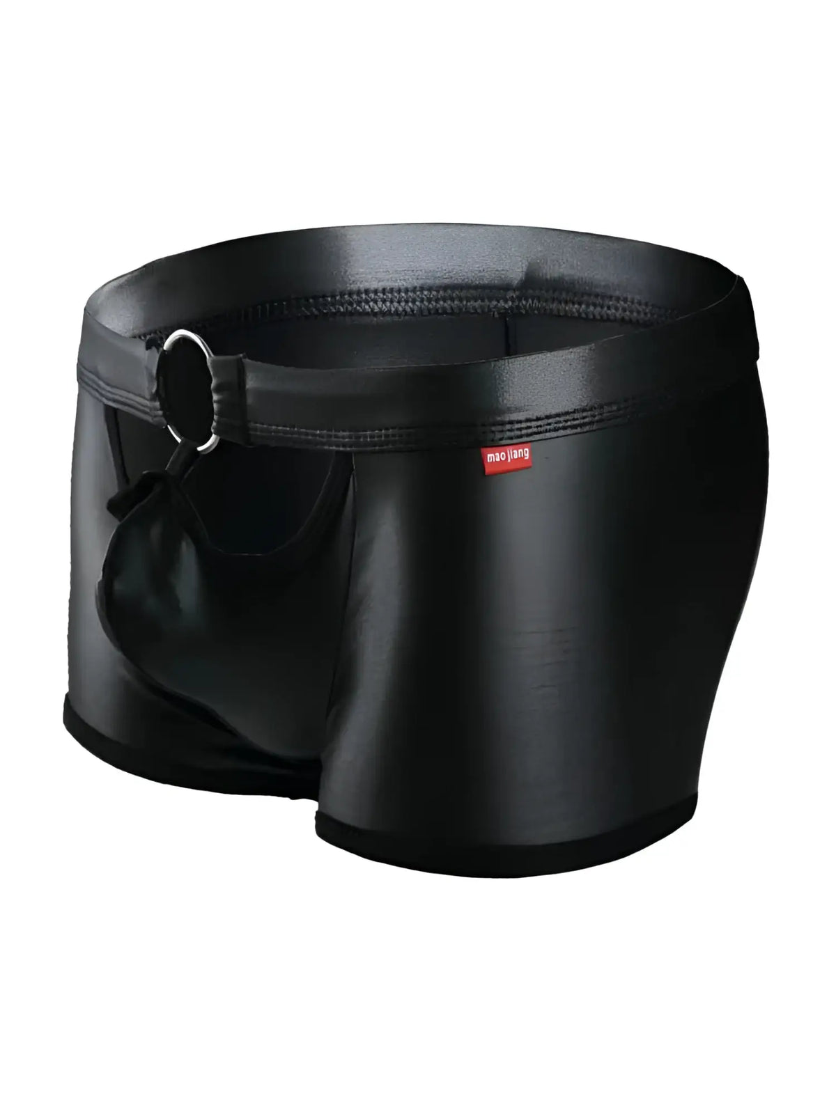 Black shiny faux leather menâ€™s briefs with silver ring detail on waistband tartarus ring trunk front view