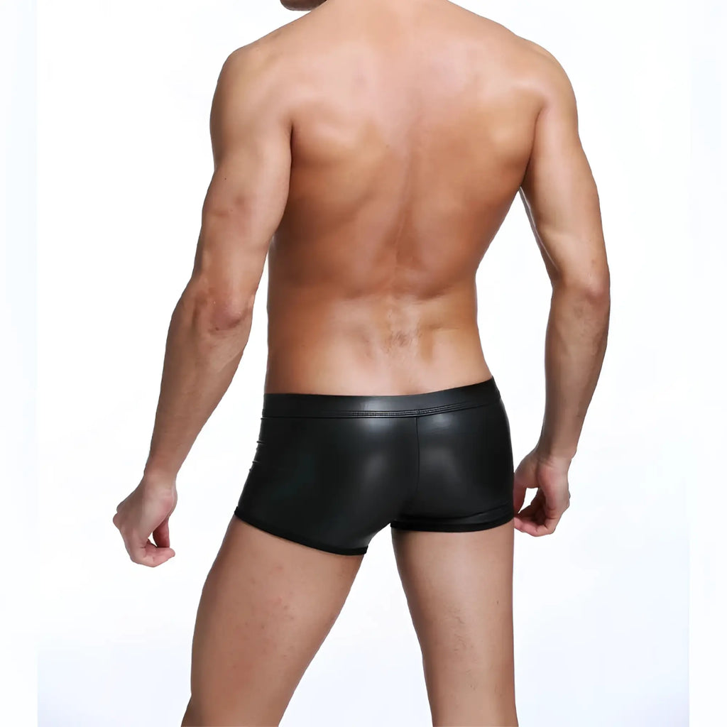 Black shiny faux leather tartarus ring trunk briefs with sleek form-fitting design