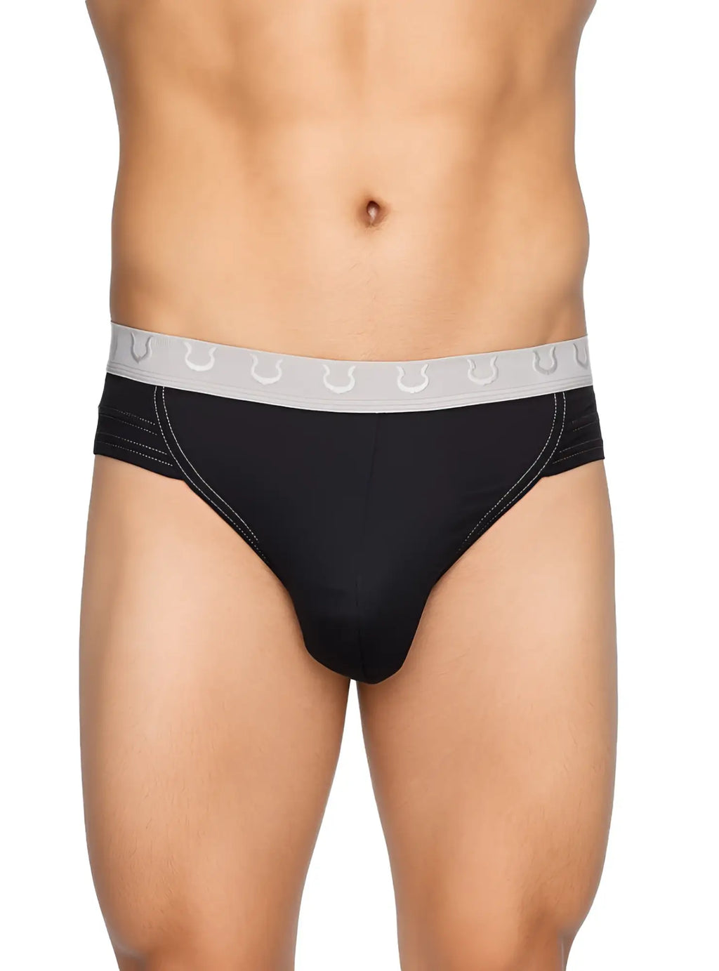 Black Tartarus Rio brief with gray waistband featuring white horseshoe logos in a comfortable cotton blend