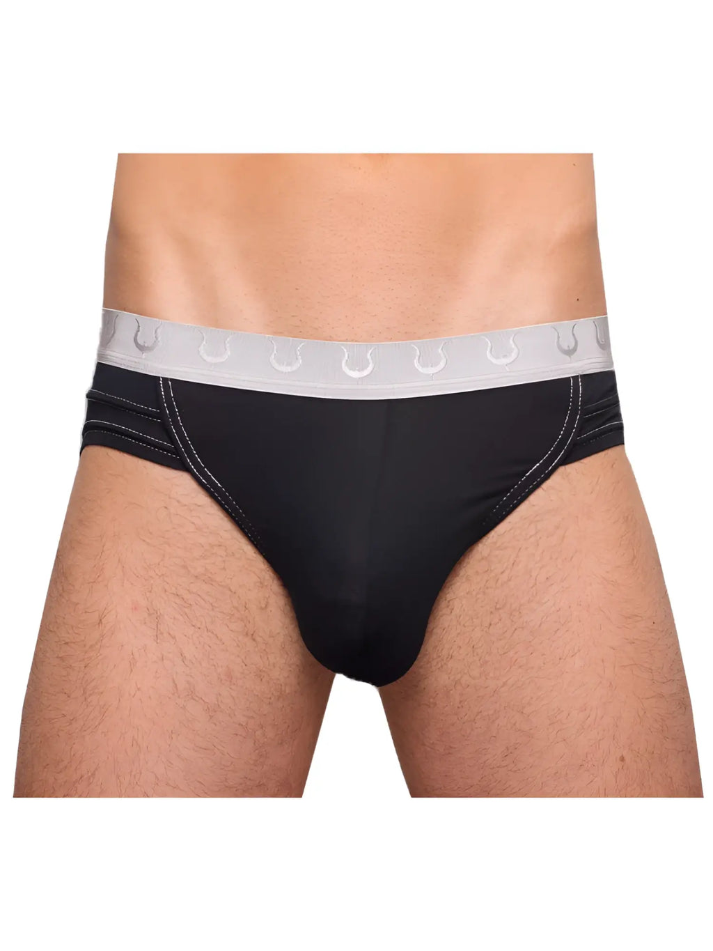 Black tartarus rio brief with white elastic waistband featuring repeating horseshoe pattern front view