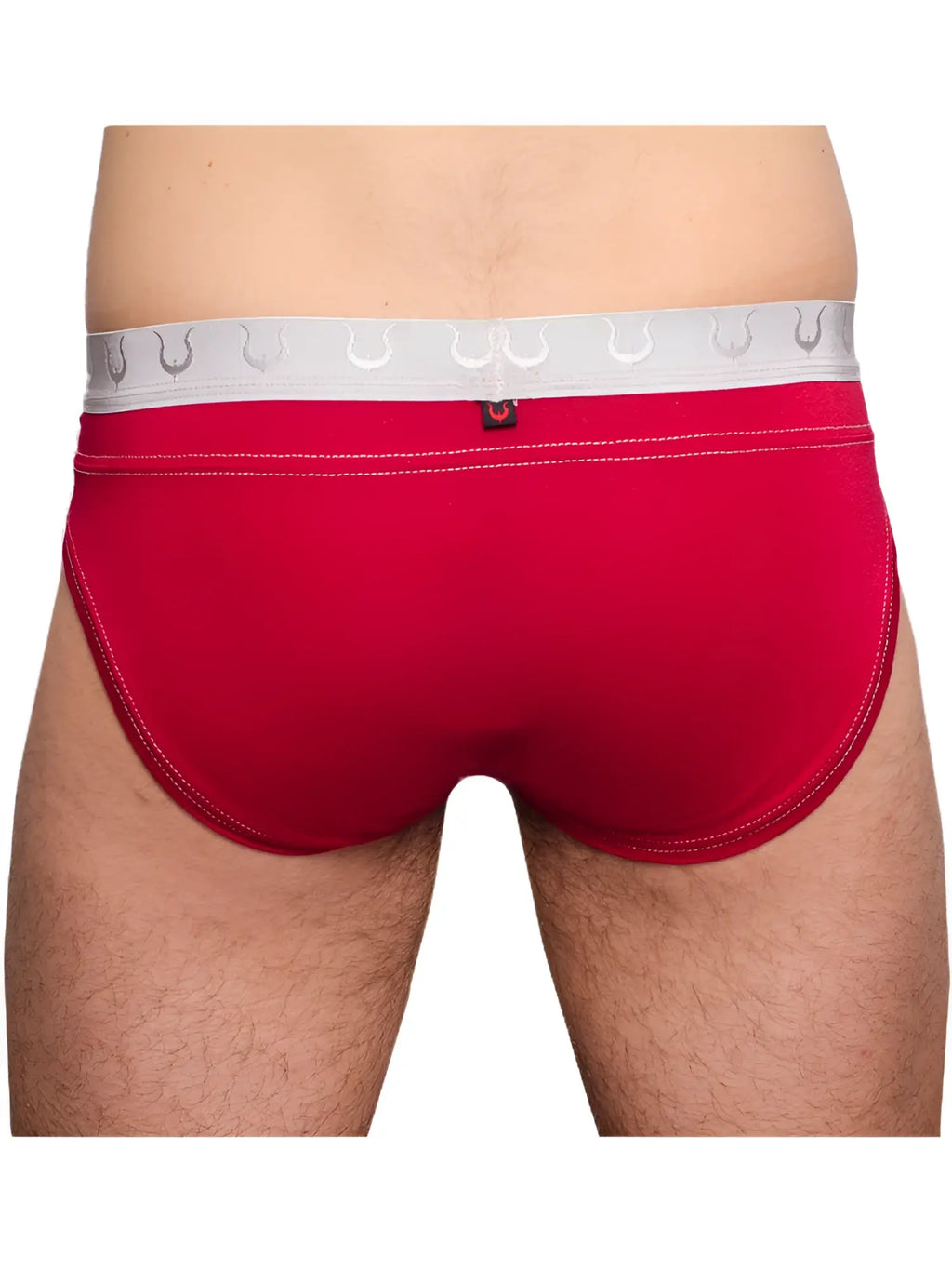 Red mens briefs tartarus rio brief with white elastic waistband silver horseshoe patterns and red edge stitching