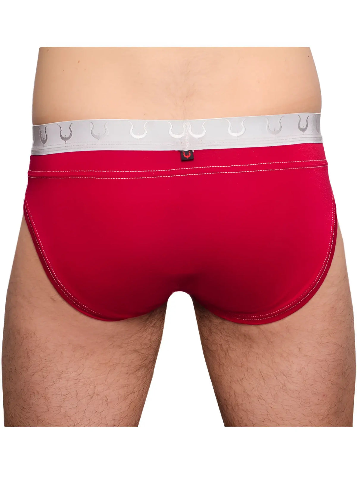 Red mens briefs tartarus rio brief with white elastic waistband silver horseshoe patterns and red edge stitching