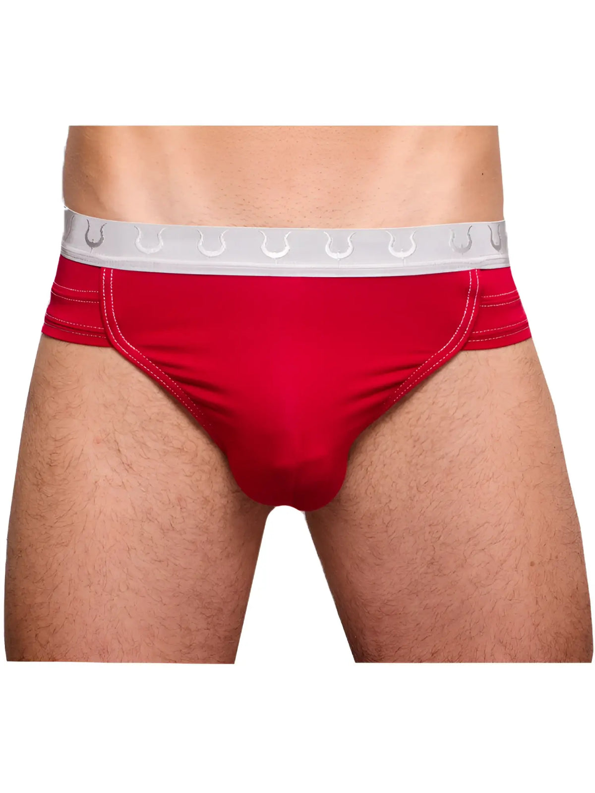 Tartarus rio brief red menâ€™s briefs with white elastic waistband featuring repeating horseshoe logo design
