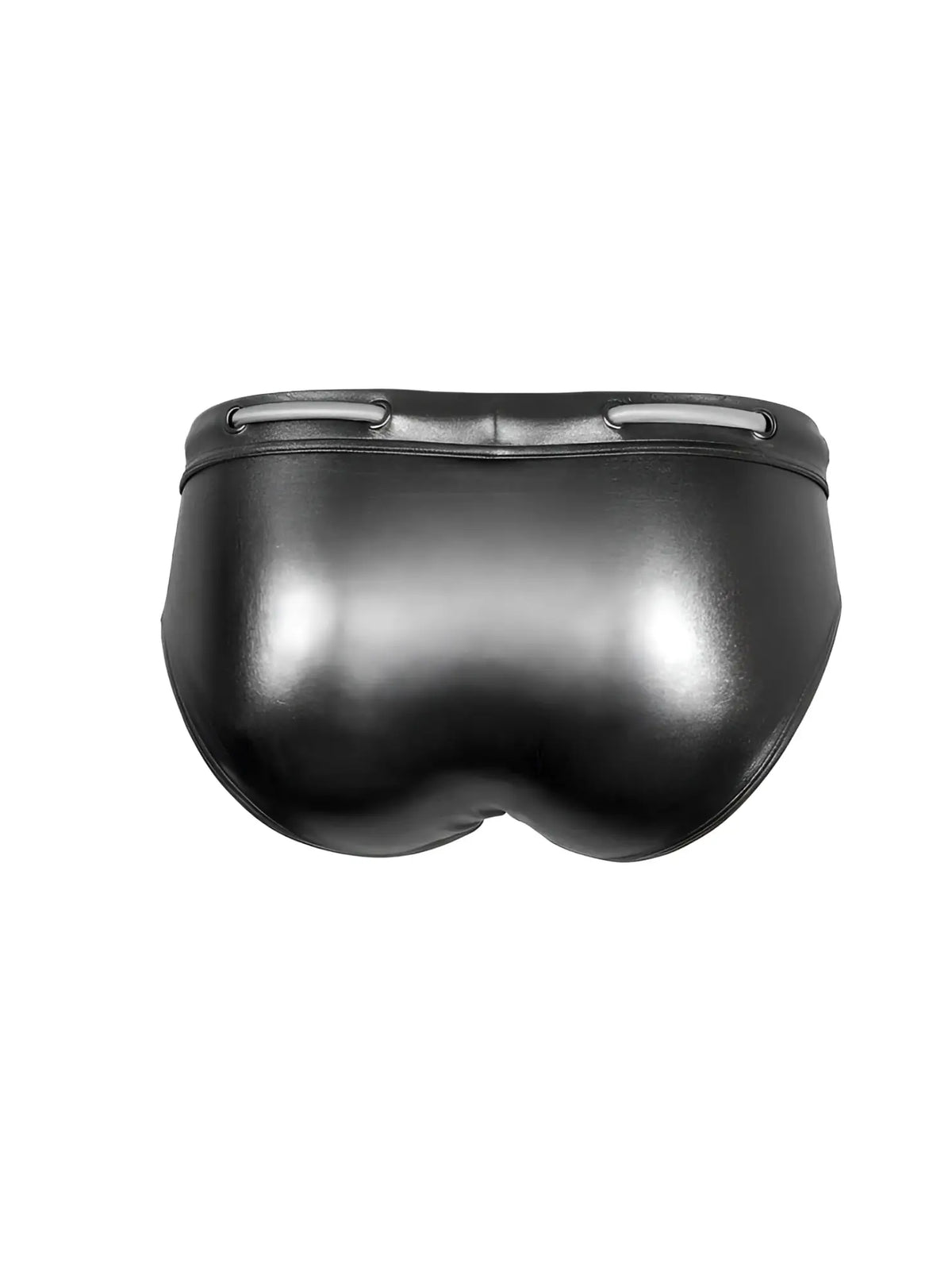 Black glossy faux leather briefs with silver-toned metal accents on the waistband tartarus side track metallic brief