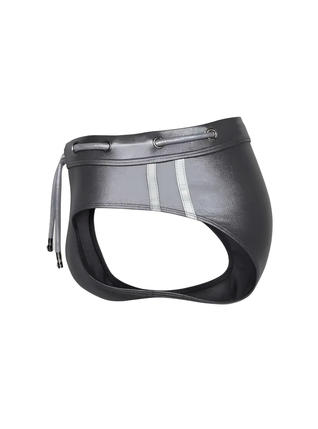 Black leather briefs with silver reflective stripes and drawstring waistband tartarus side track metallic brief