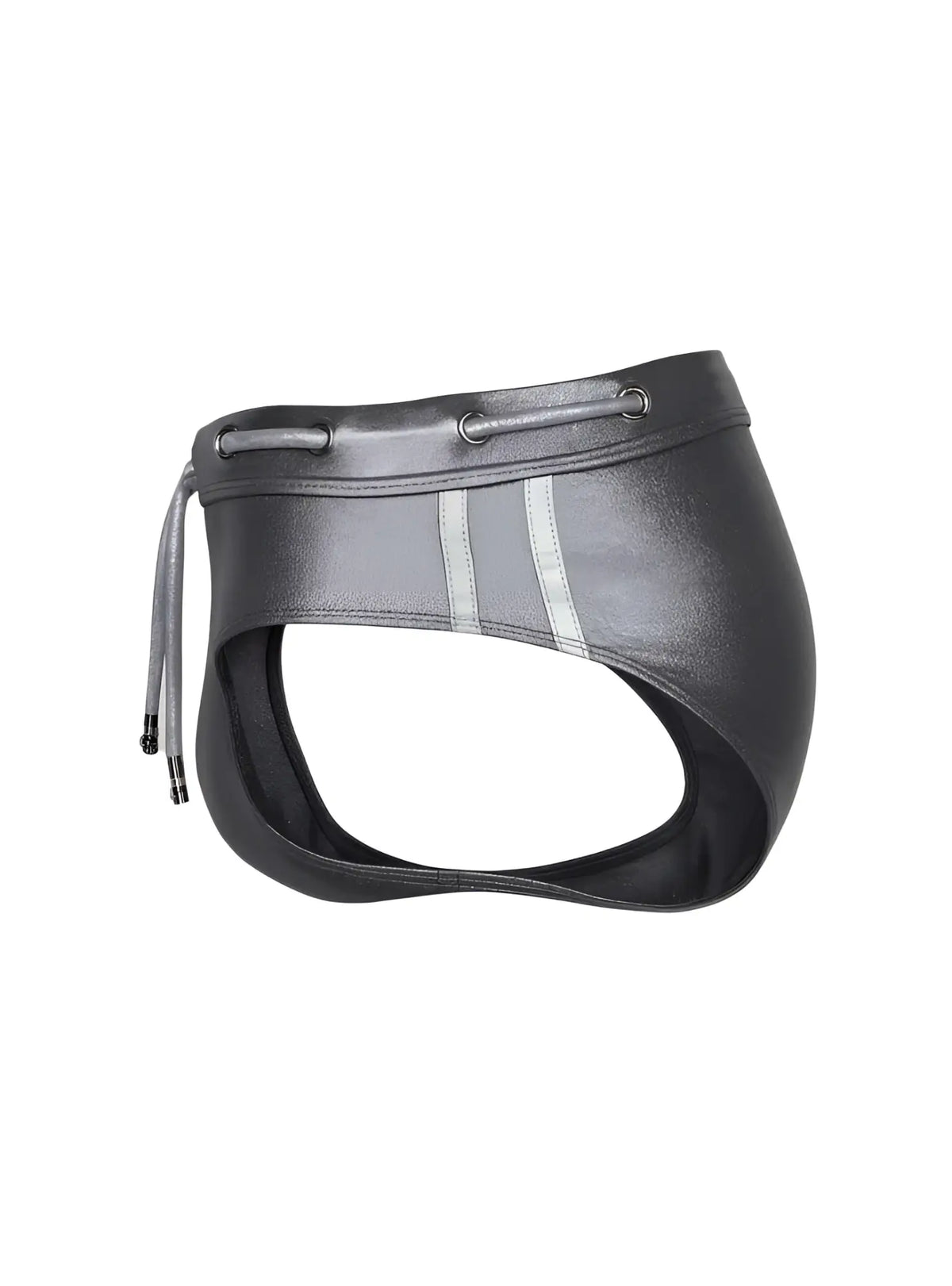 Black leather briefs with silver reflective stripes and drawstring waistband tartarus side track metallic brief