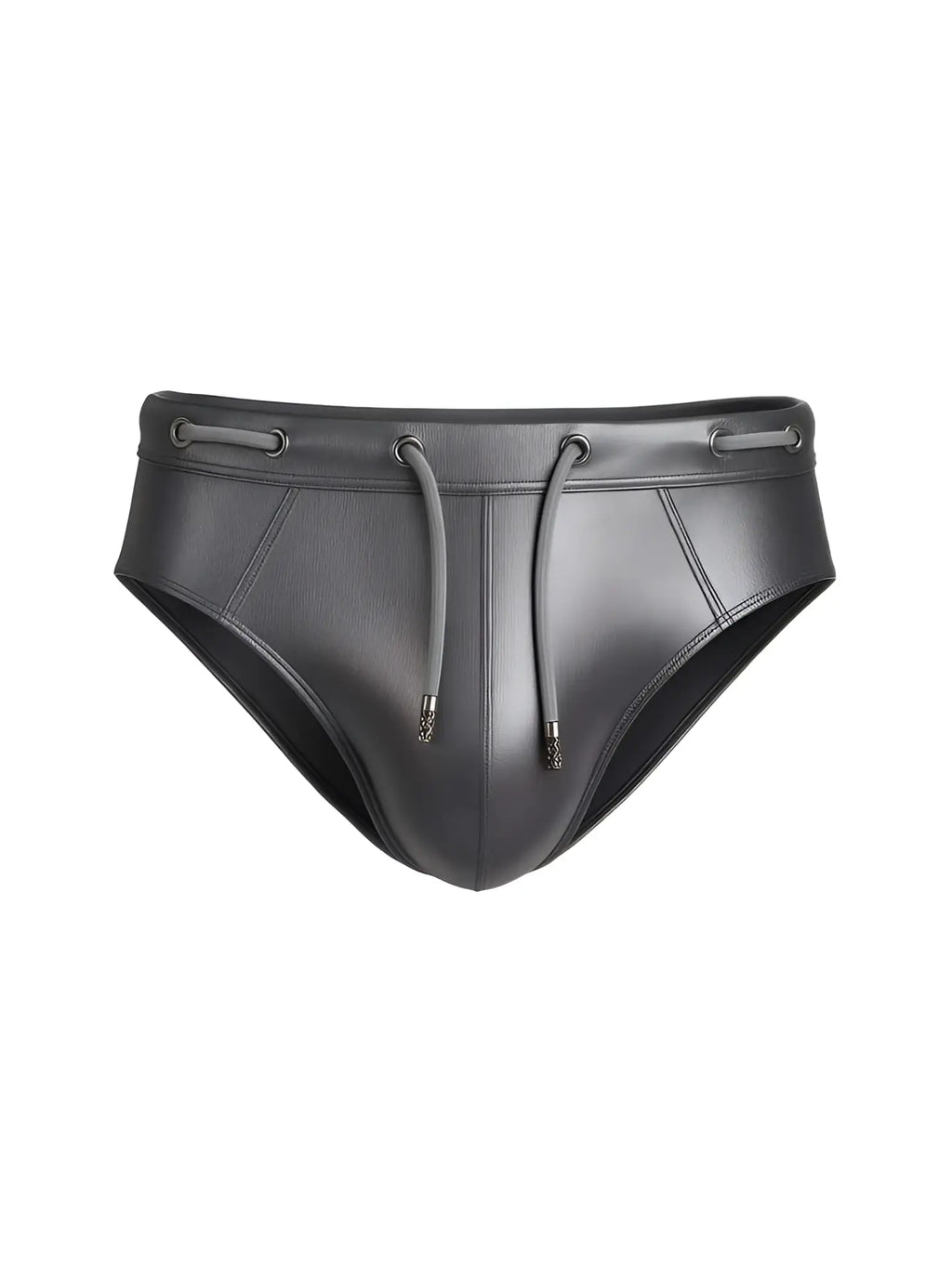 Black leather swim trunks tartarus side track metallic brief with drawstring waistband and metallic aglets