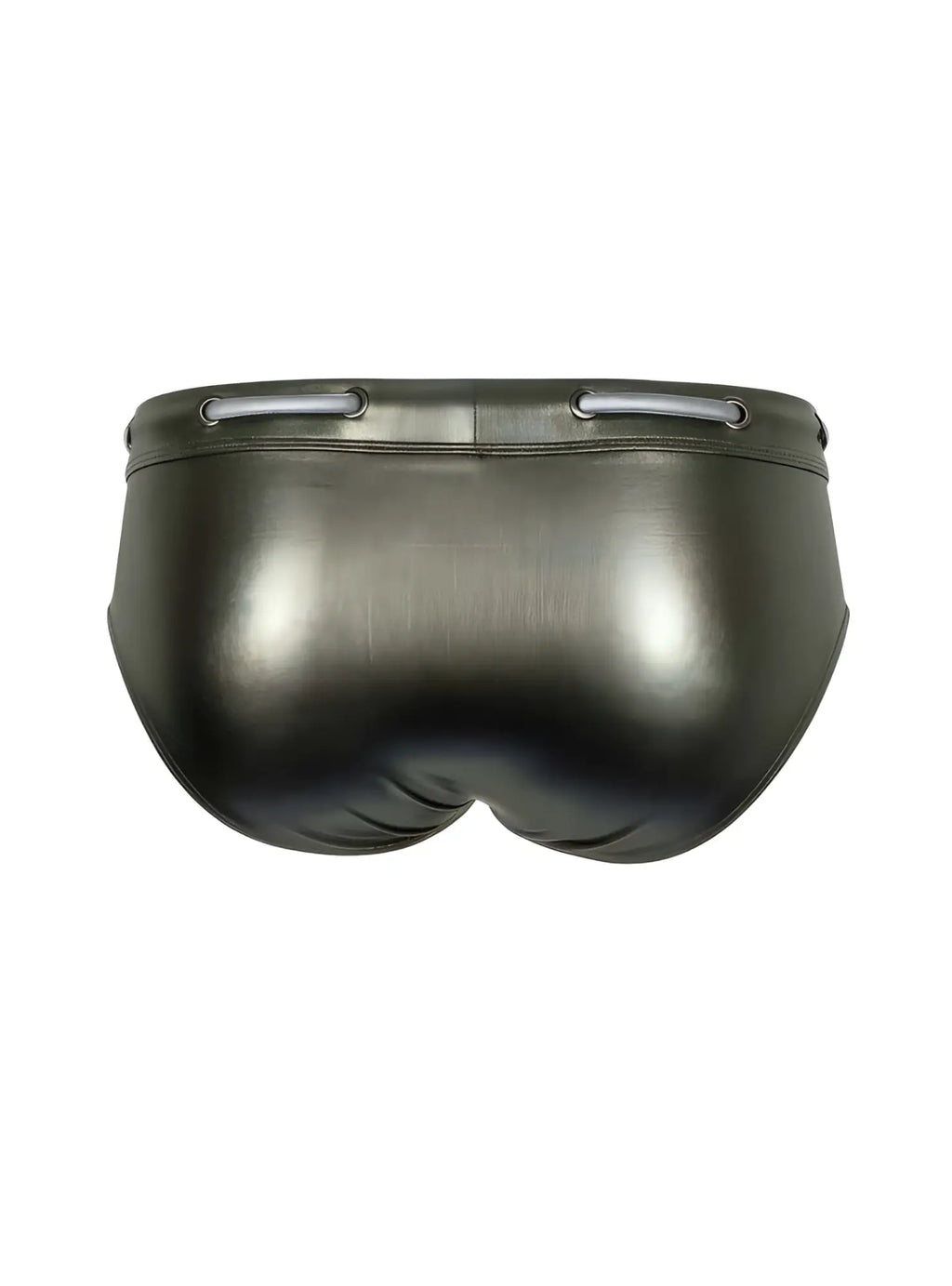 Tartarus side track metallic brief black shiny faux leather swim trunks with silver metal eyelets at waistband
