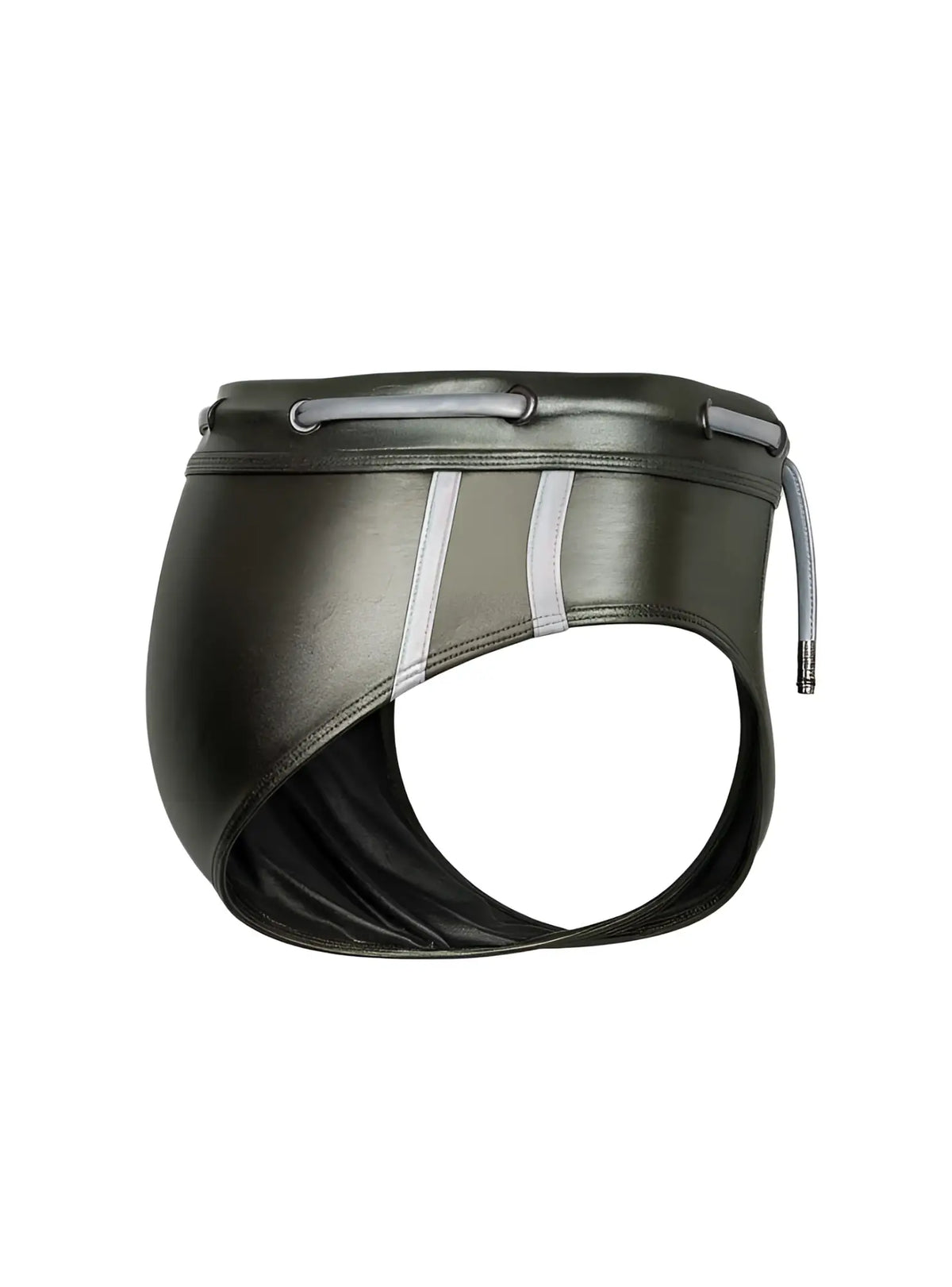 Dark olive green metallic leather briefs with silver toned drawstring and trim tartarus side track metallic brief
