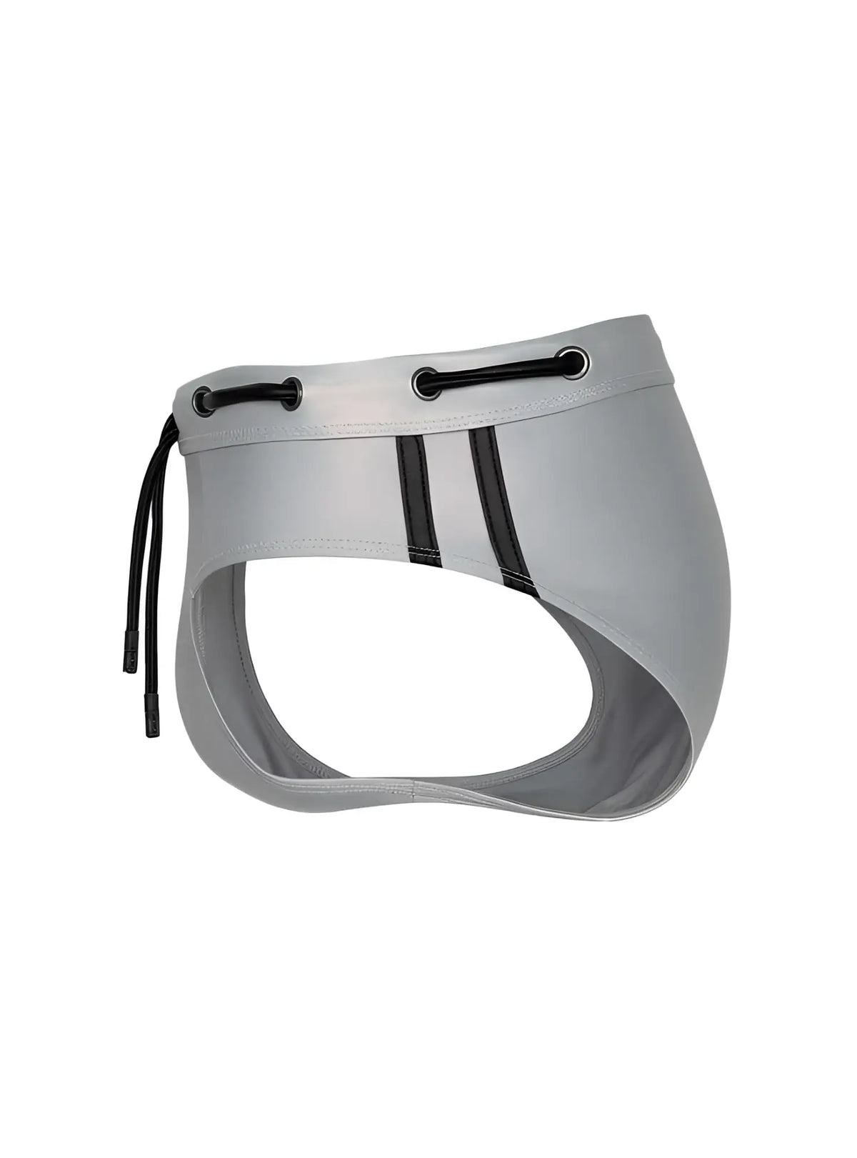 Gray swim trunks with black side stripes and adjustable drawstrings from tartarus side track metallic brief collection