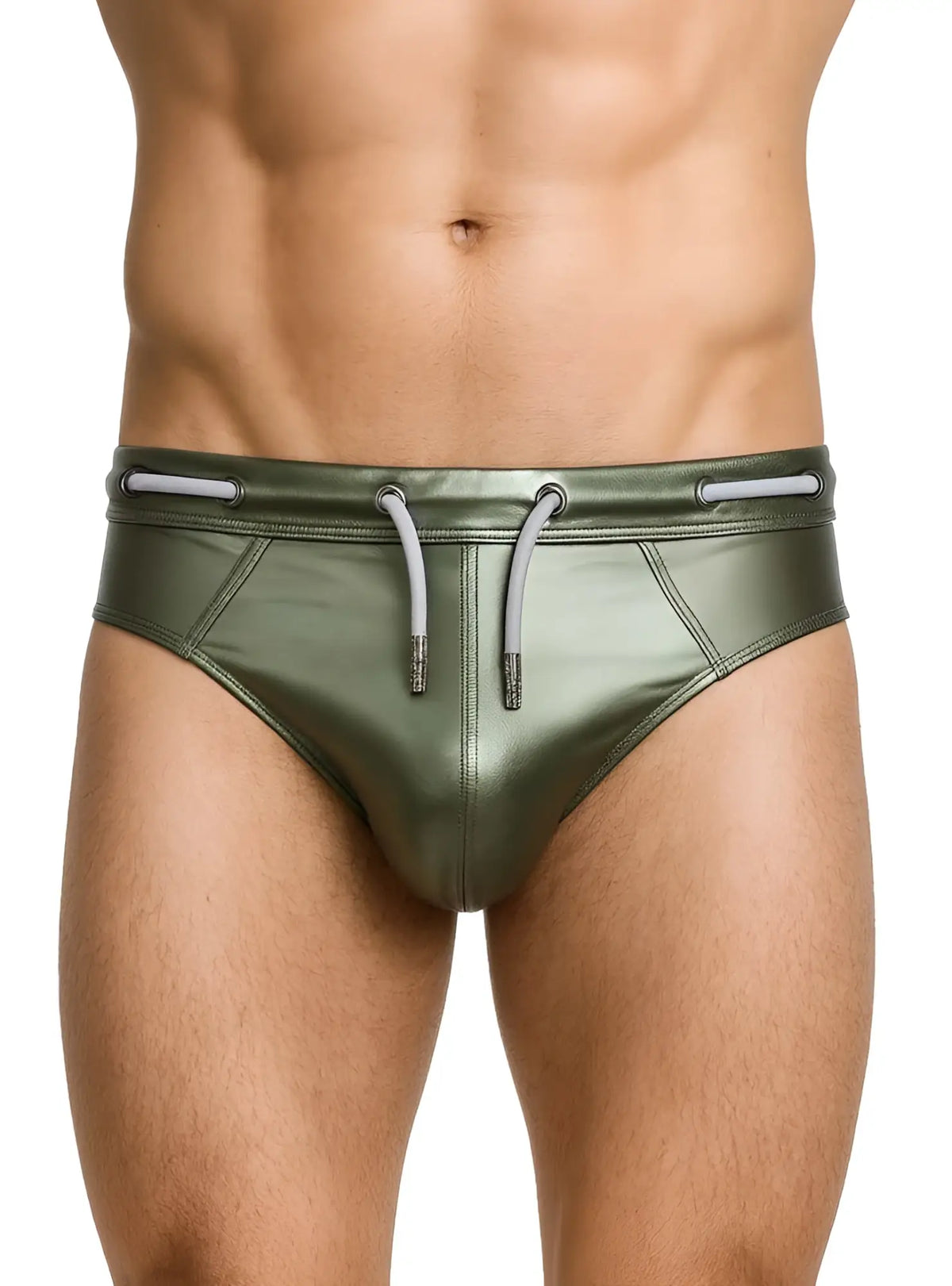 Olive green metallic swim trunks with gray drawstrings tartarus side track metallic brief front view