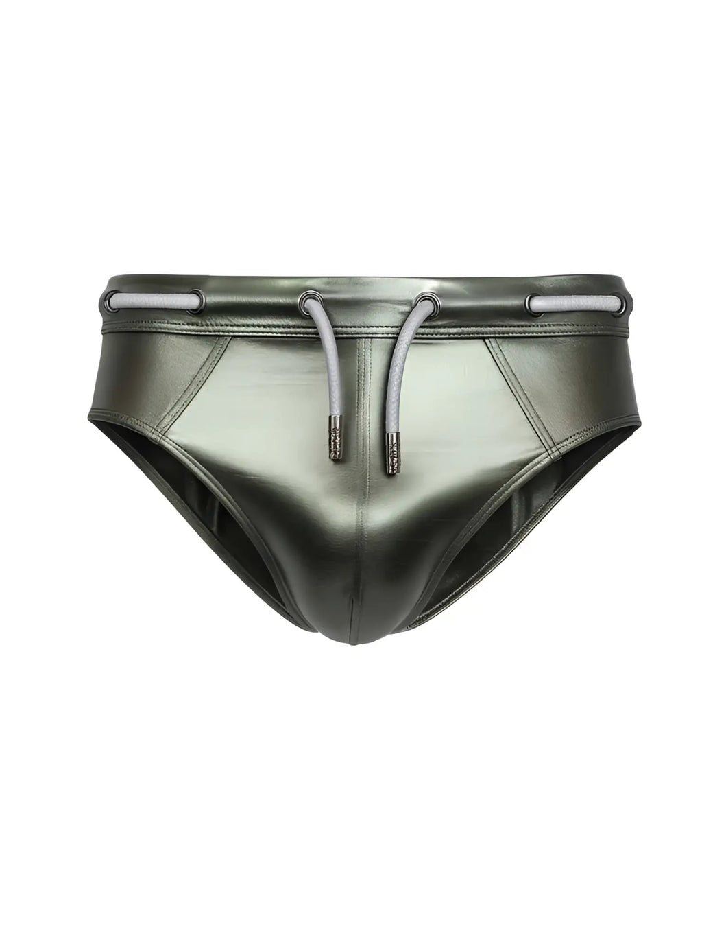 Metallic olive green swim trunks with a sleek glossy finish and matching drawstrings from tartarus side track metallic brief