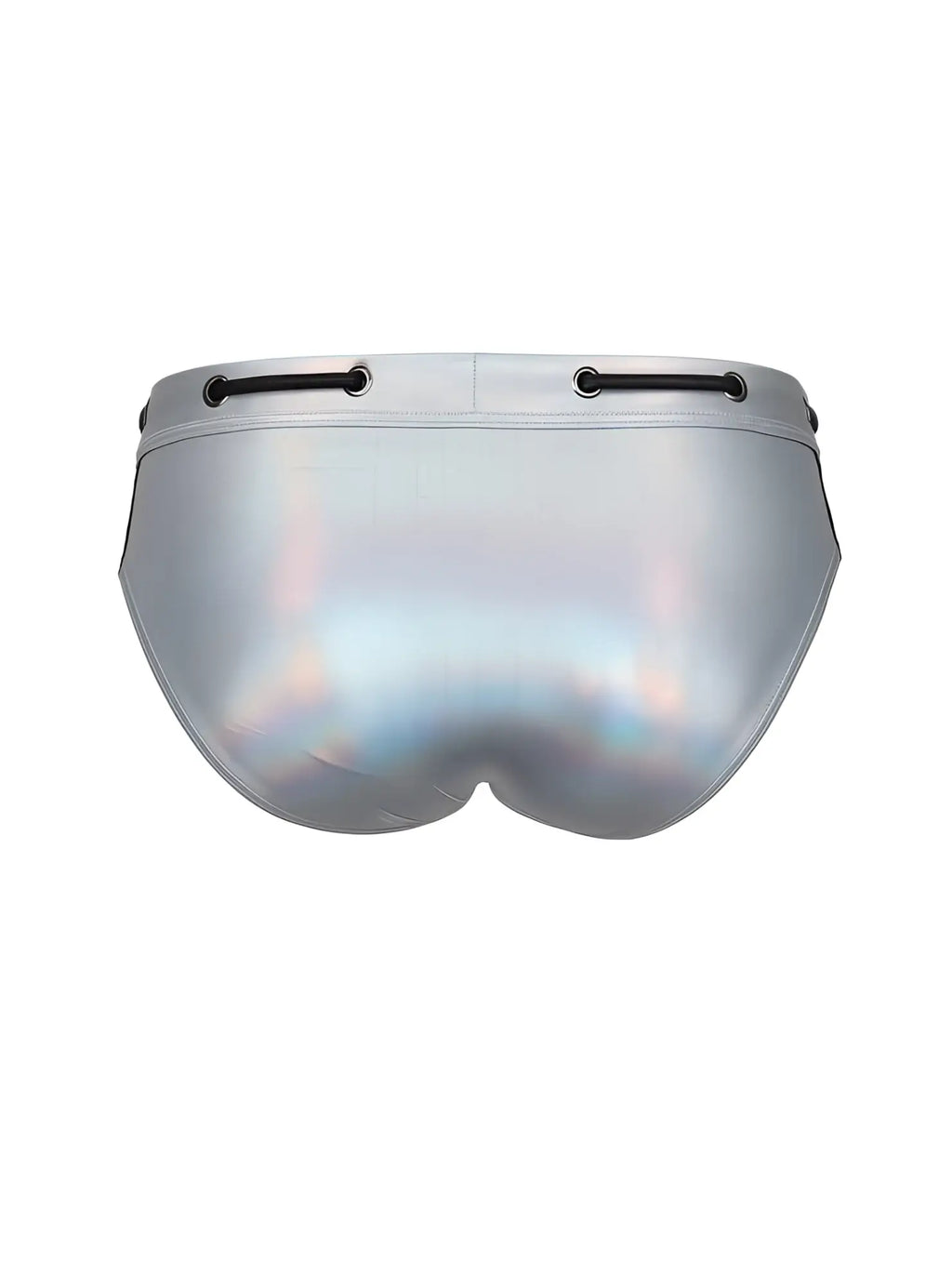 Silver holographic metallic brief swim trunks with black lace-up ties at the waist tartarus side track style