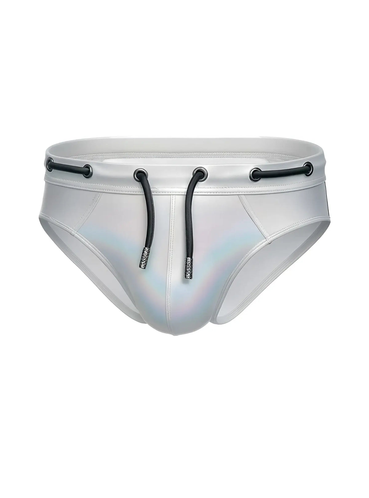 Silver holographic swim trunks tartarus side track metallic brief with black drawstrings and metal eyelets