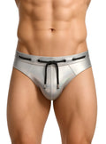 Silver metallic swim trunks tartarus side track metallic brief with black drawstring and eyelets