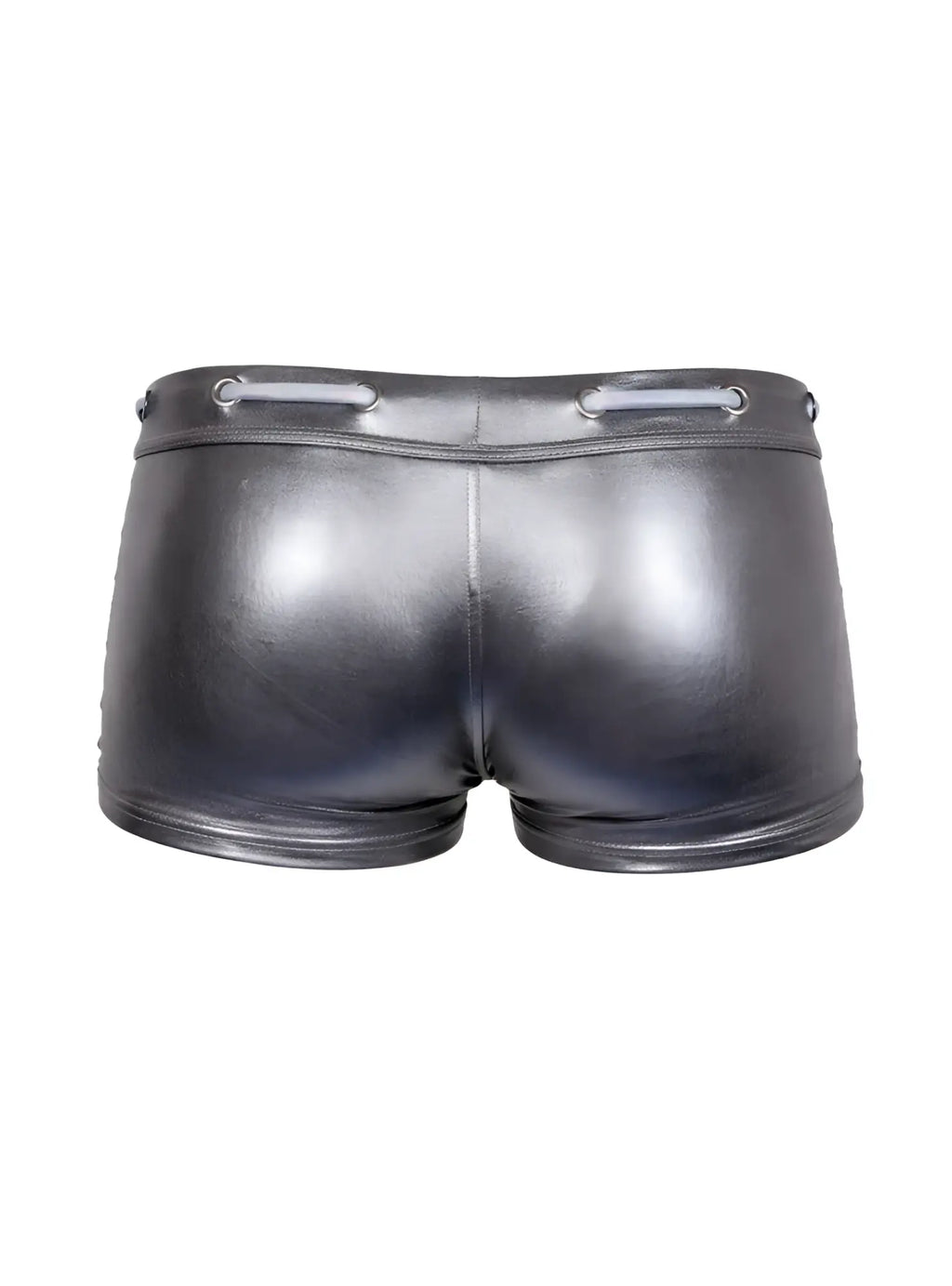 Shiny black faux leather Tartarus side track metallic trunk shorts with sleek fit and silver lace-up waistband details