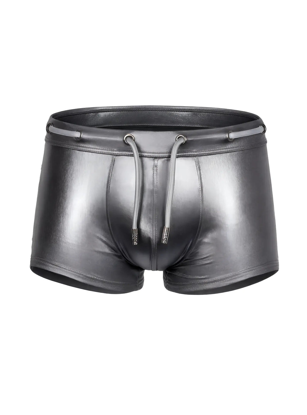Shiny black faux leather swim trunks with a drawstring waistband tartarus side track metallic trunk