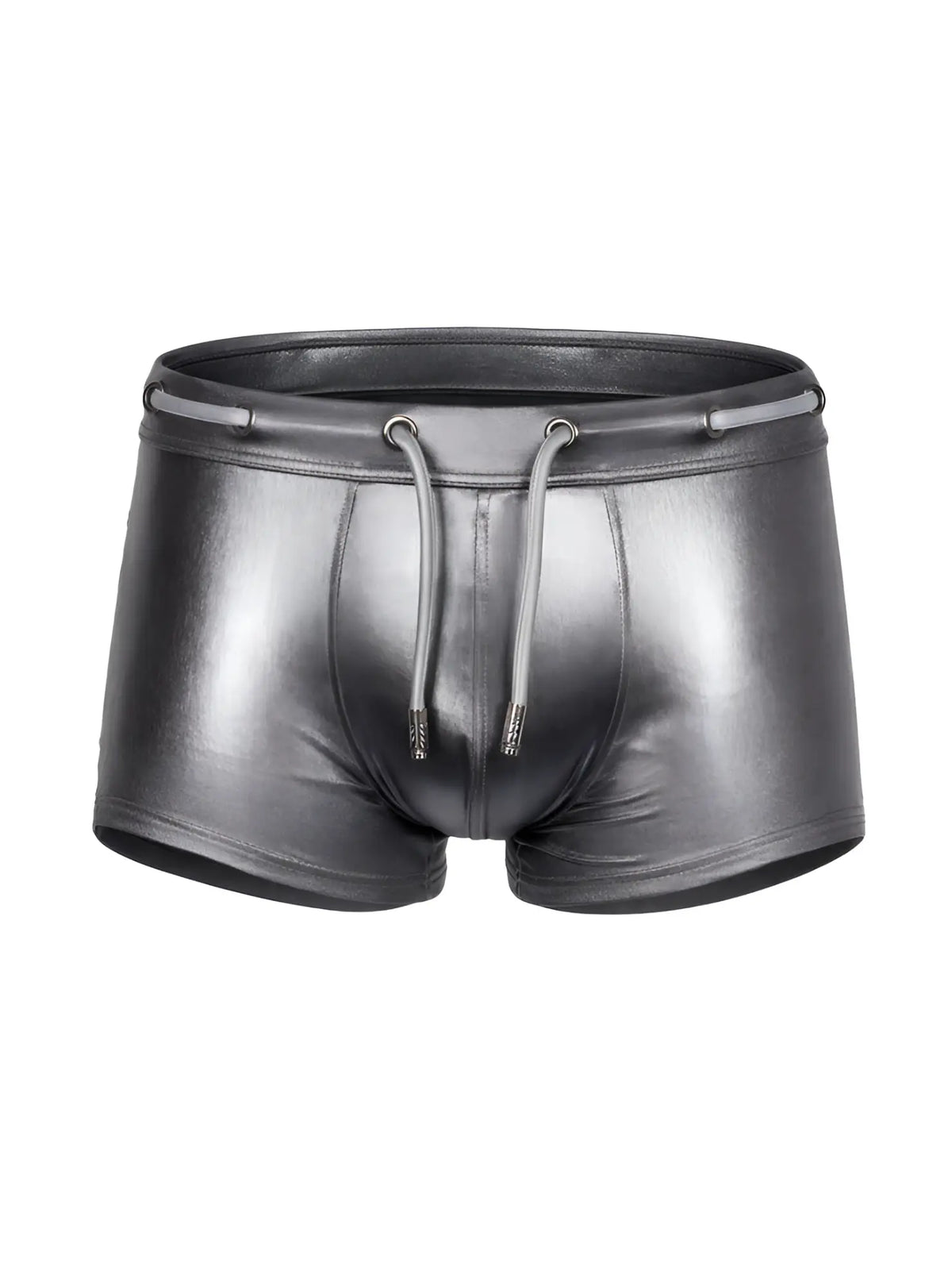 Shiny black faux leather swim trunks with a drawstring waistband tartarus side track metallic trunk