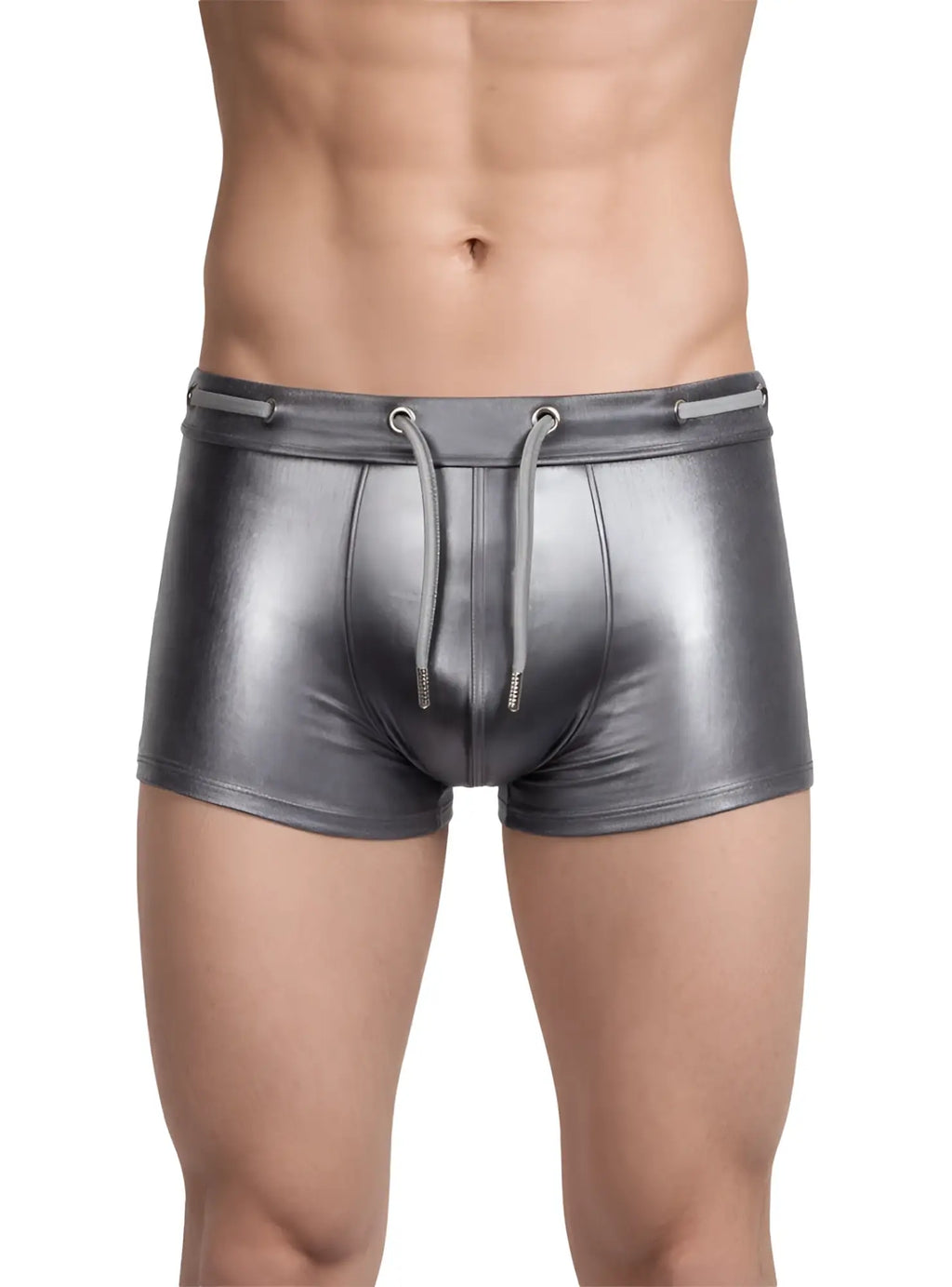 Shiny metallic gray swim trunks with a drawstring waistband tartarus side track metallic trunk front view