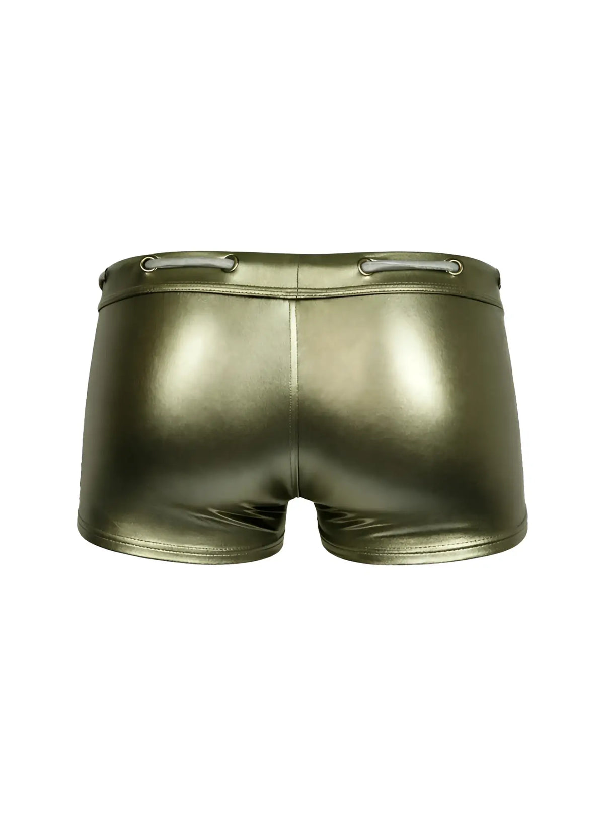 Shiny olive green metallic trunks with a sleek form-fitting design and a silver lace-up waistband.