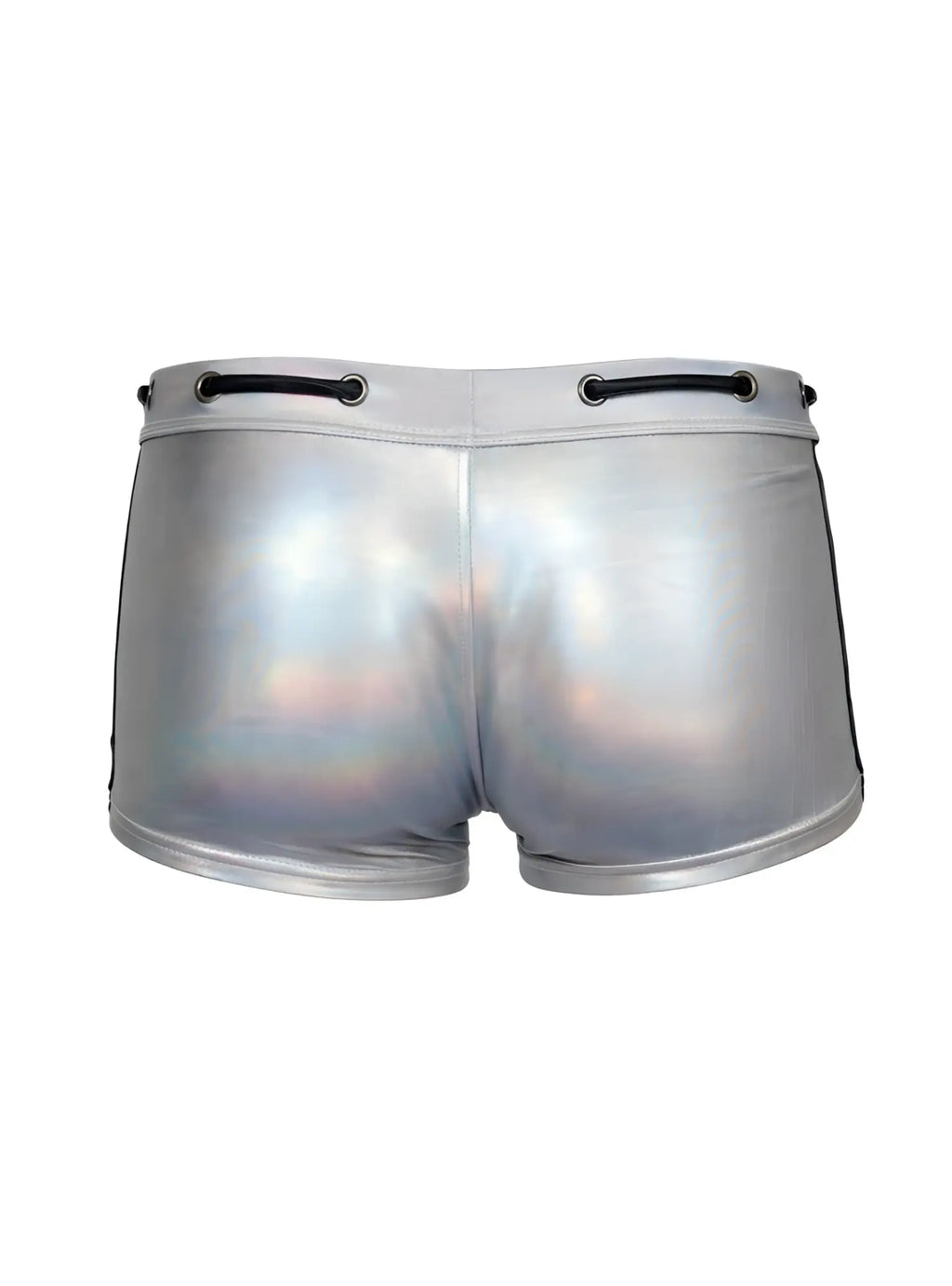 Shiny silver holographic tartarus side track metallic trunk shorts with black side stripes and drawstring waistband