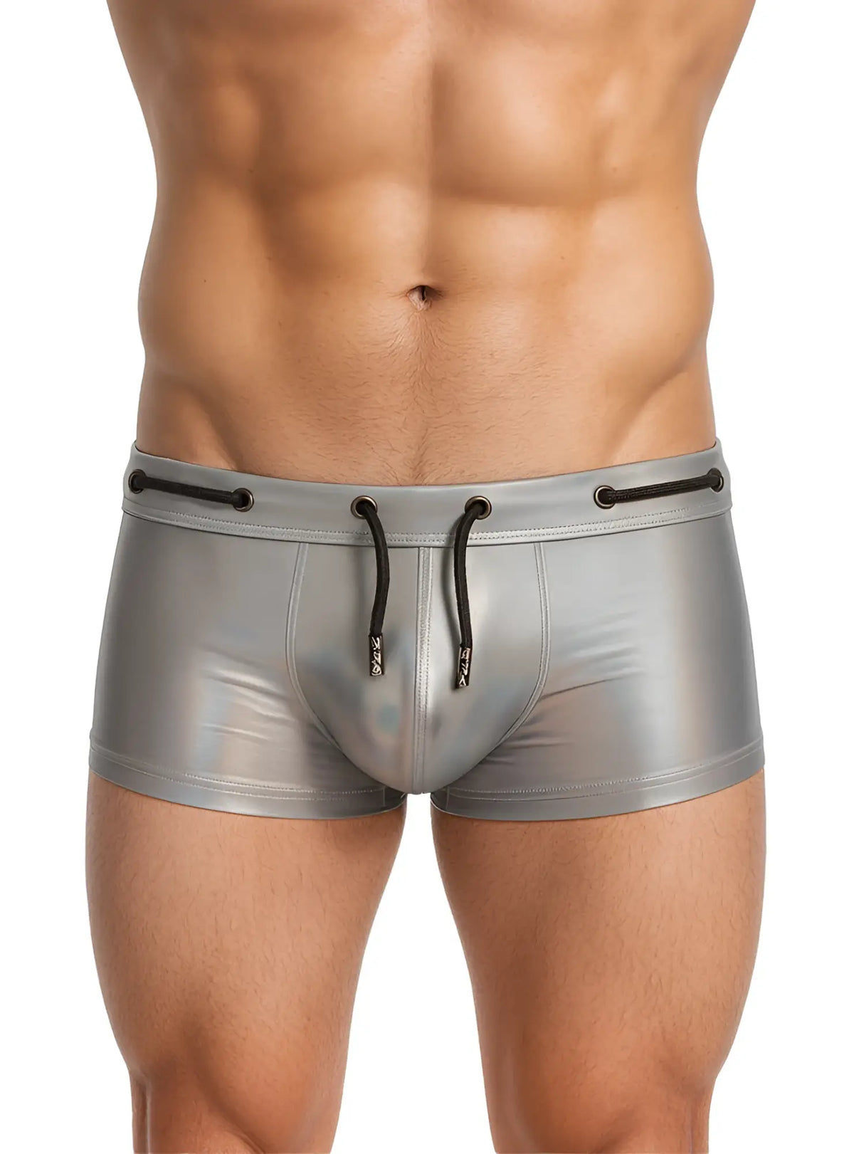 Tartarus side track metallic trunk shiny silver swim trunks with black drawstrings and metallic finish
