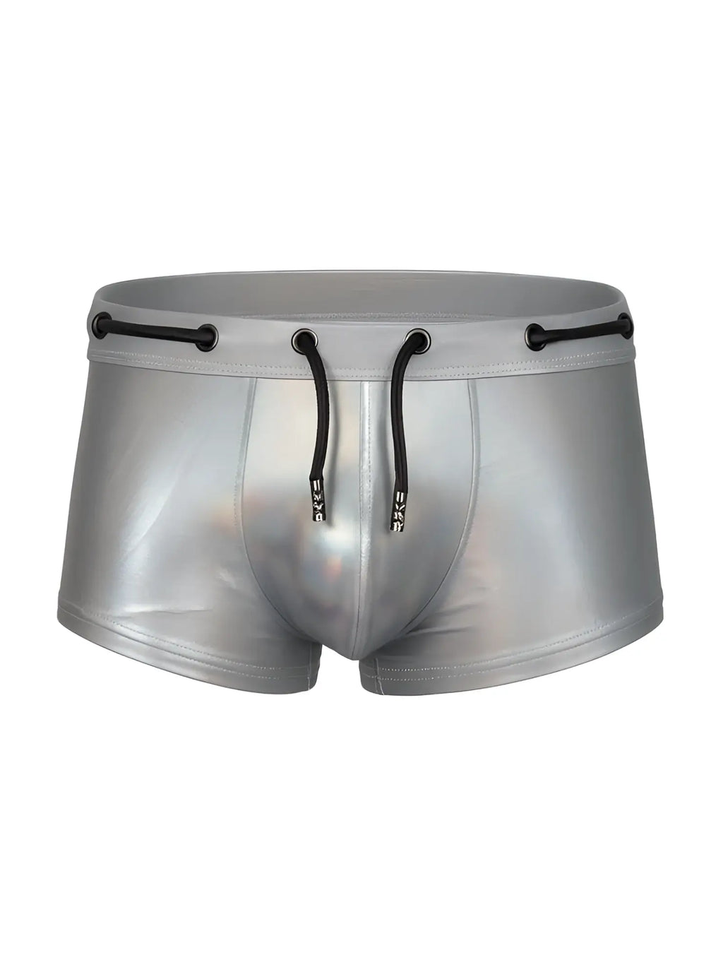 Tartarus side track metallic trunk silver swim trunks with black drawstrings and sleek shiny finish