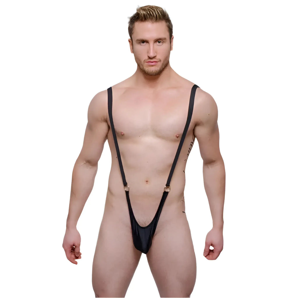 Black sleek one-piece suspender-style swimwear with thin straps and snug fit tartarus sling shot body thong with rings