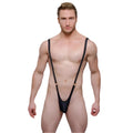 Black sleek one-piece suspender-style swimwear with thin straps and snug fit tartarus sling shot body thong with rings
