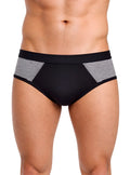 Black tartarus striped cotton brief featuring contrasting gray and white striped side panels for comfortable wear