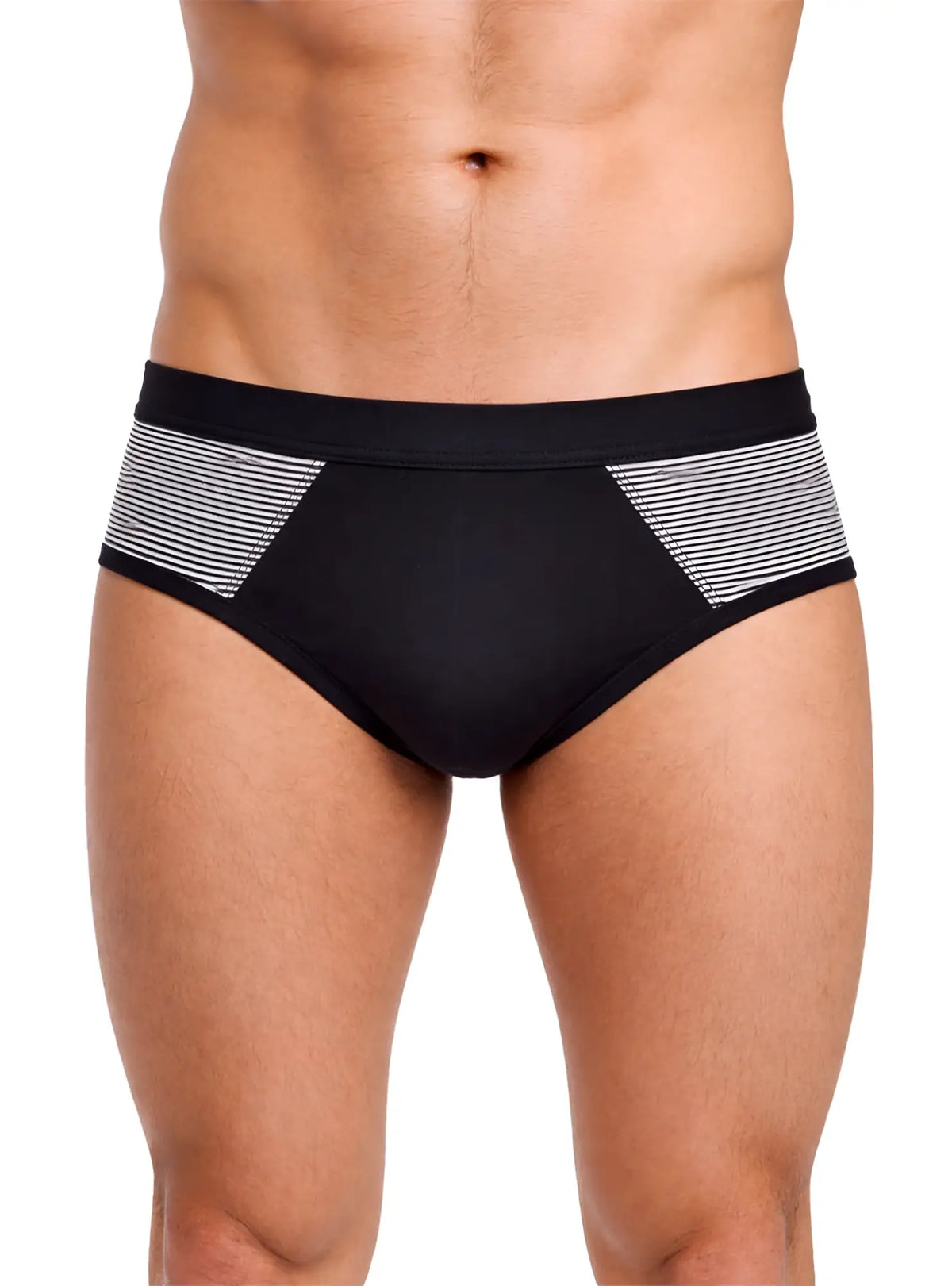 Black tartarus striped cotton brief featuring contrasting gray and white striped side panels for comfortable wear