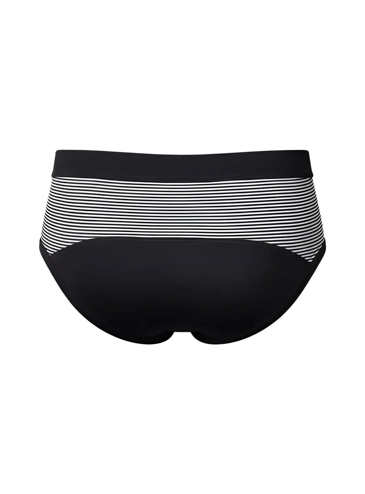 Black and white striped cotton bikini brief with solid black waistband showing front side for casual wear
