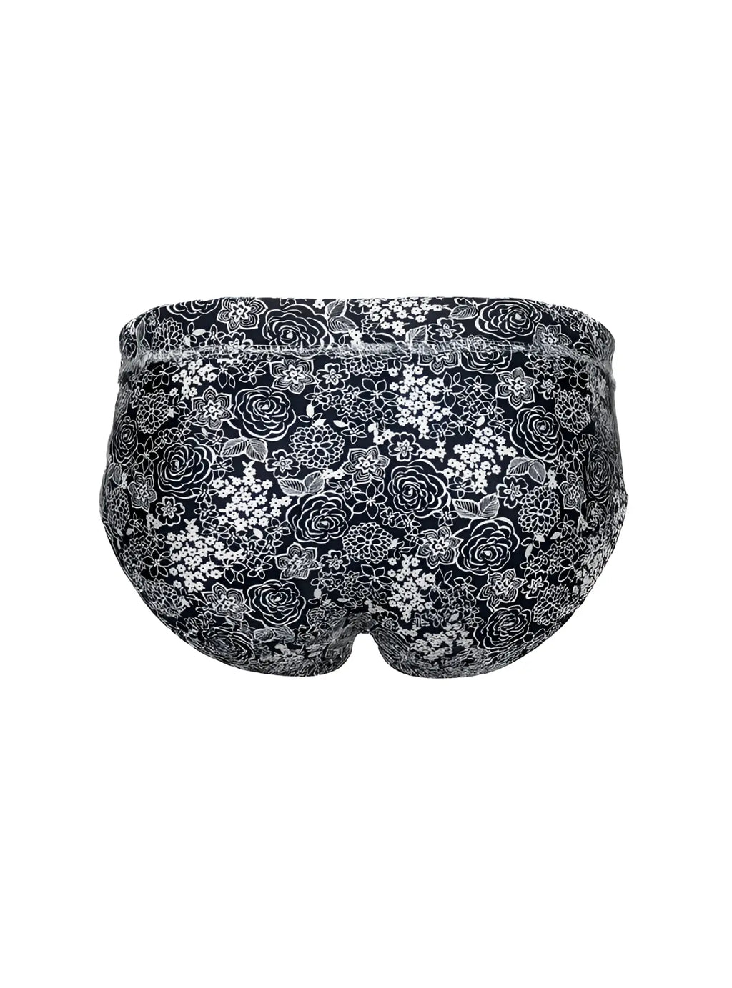 Black tartarus swim brief with delicate white and gray rose floral pattern designed for swimwear use