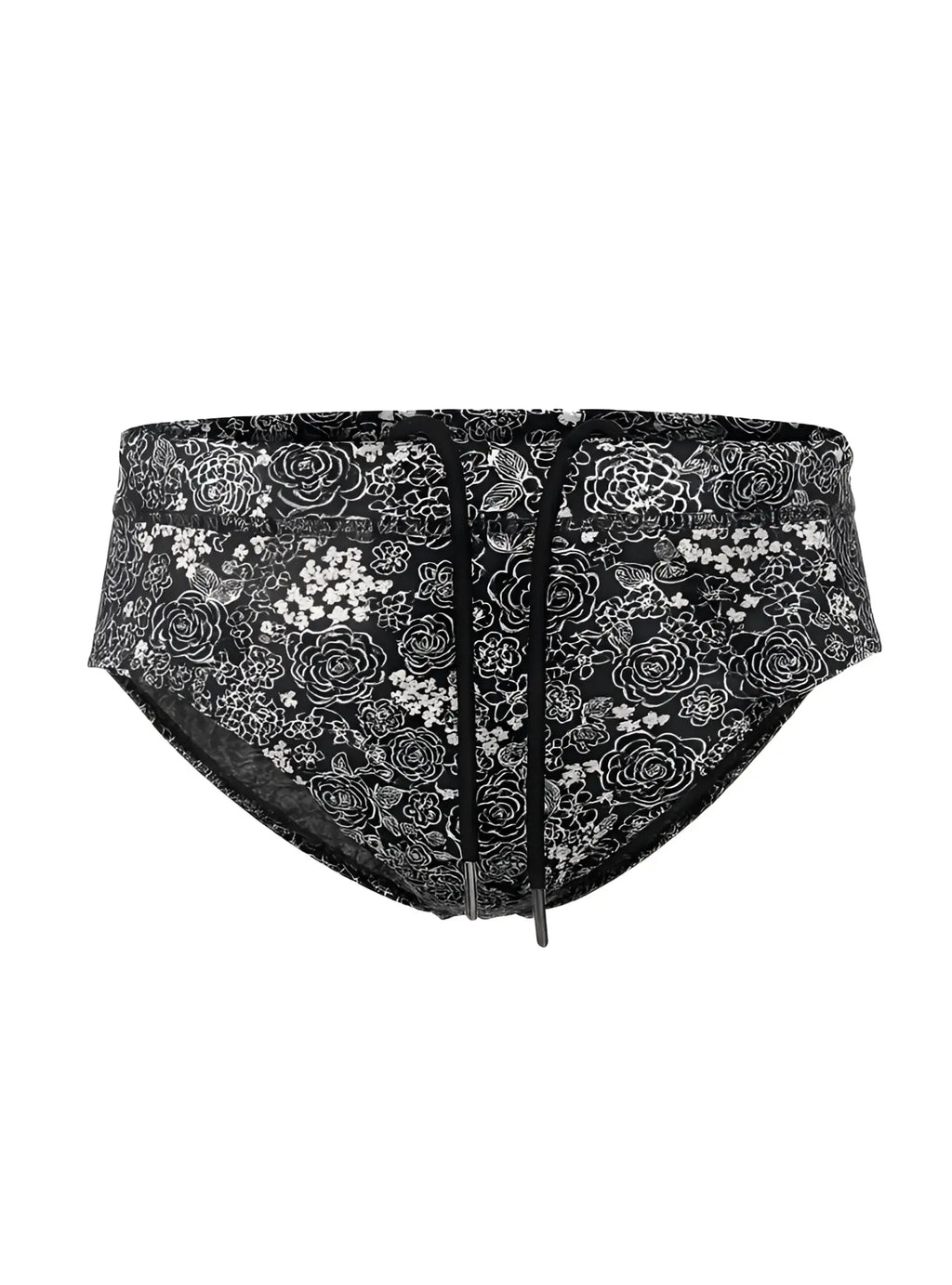 Black tartarus swim brief with white floral and bird pattern and drawstring waistband for beachwear