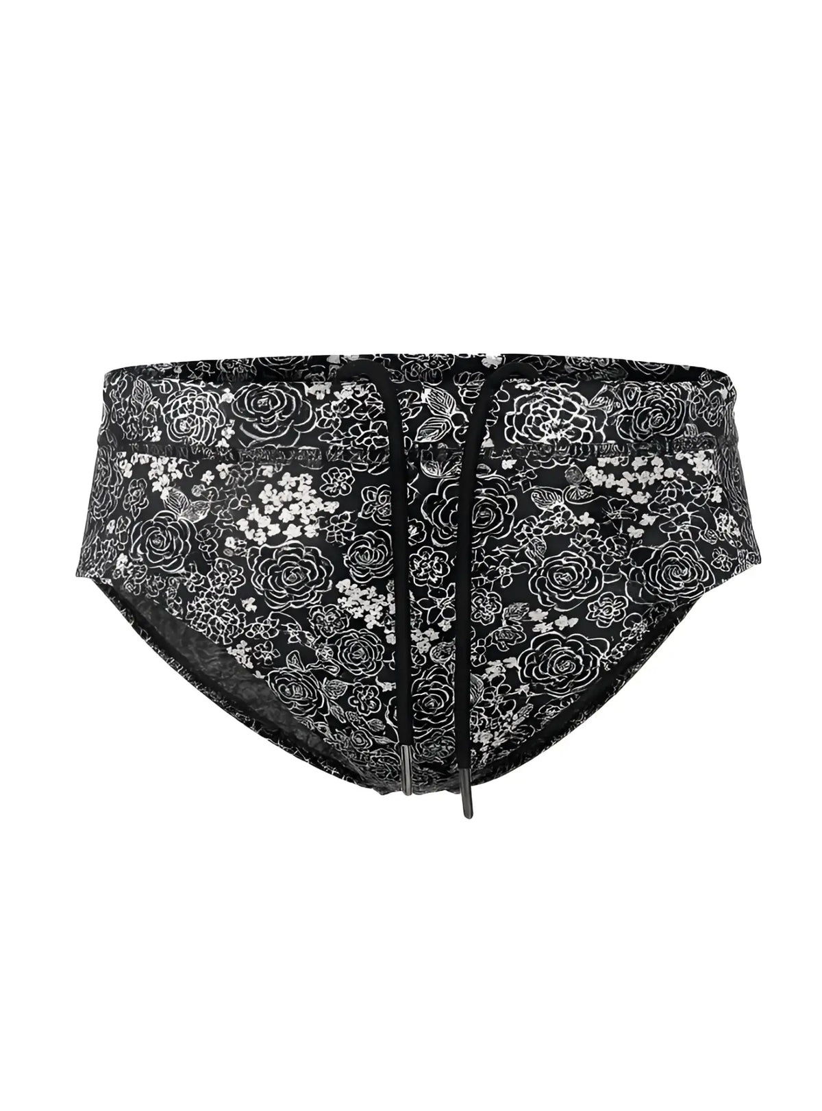 Black tartarus swim brief with white floral and bird pattern and drawstring waistband for beachwear