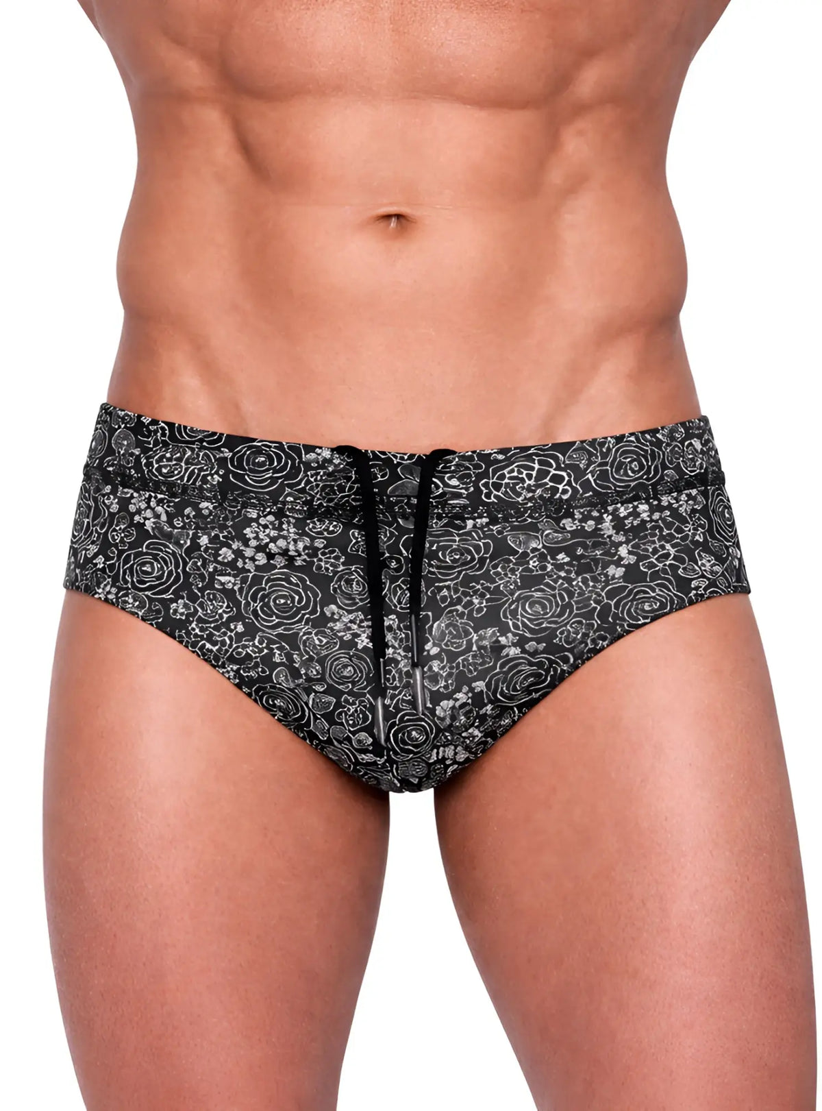 Black tartarus swim brief with white floral pattern and black drawstring for swimwear use