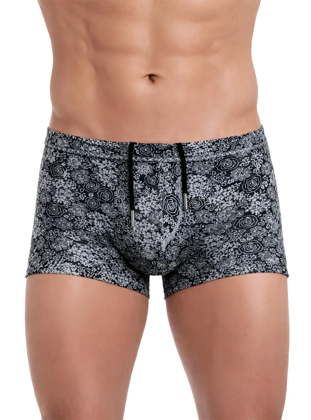 Black and gray floral patterned Tartarus swim trunk with drawstring waistband for comfortable beachwear