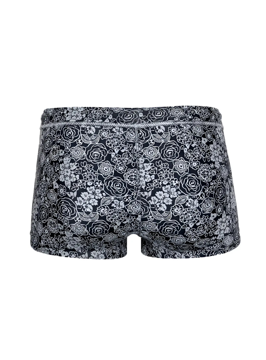 Black briefs tartarus swim trunk with intricate white floral pattern on fabric for swimwear use