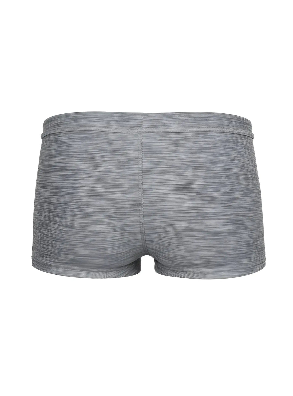 Gray heathered tartarus swim trunk with snug elastic waistband and seamless construction for athletic use