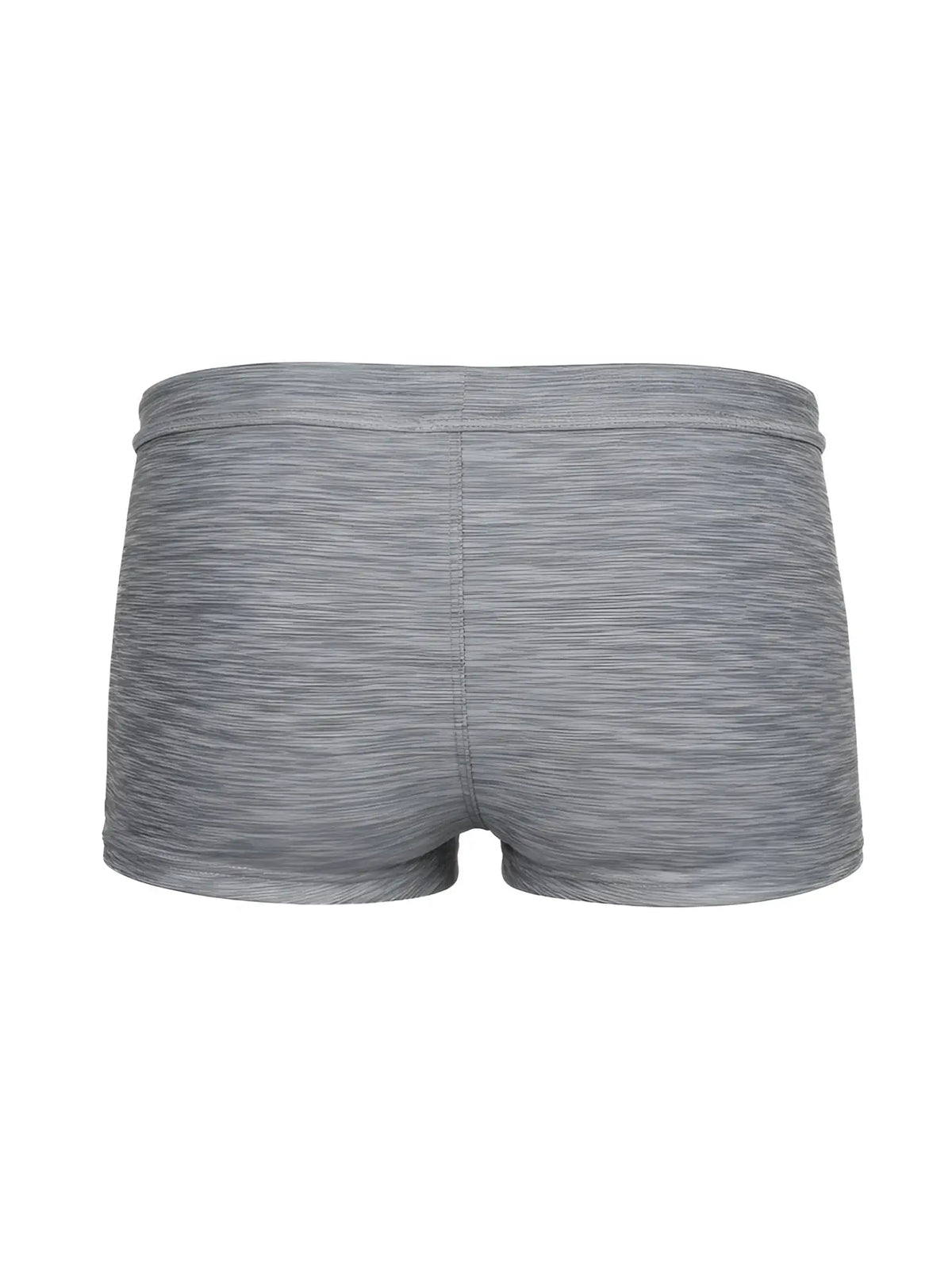 Gray heathered tartarus swim trunk with snug elastic waistband and seamless construction for athletic use