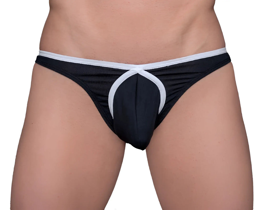 Black and white tartarus tear drop thong with a distinctive circular design on the front in soft fabric