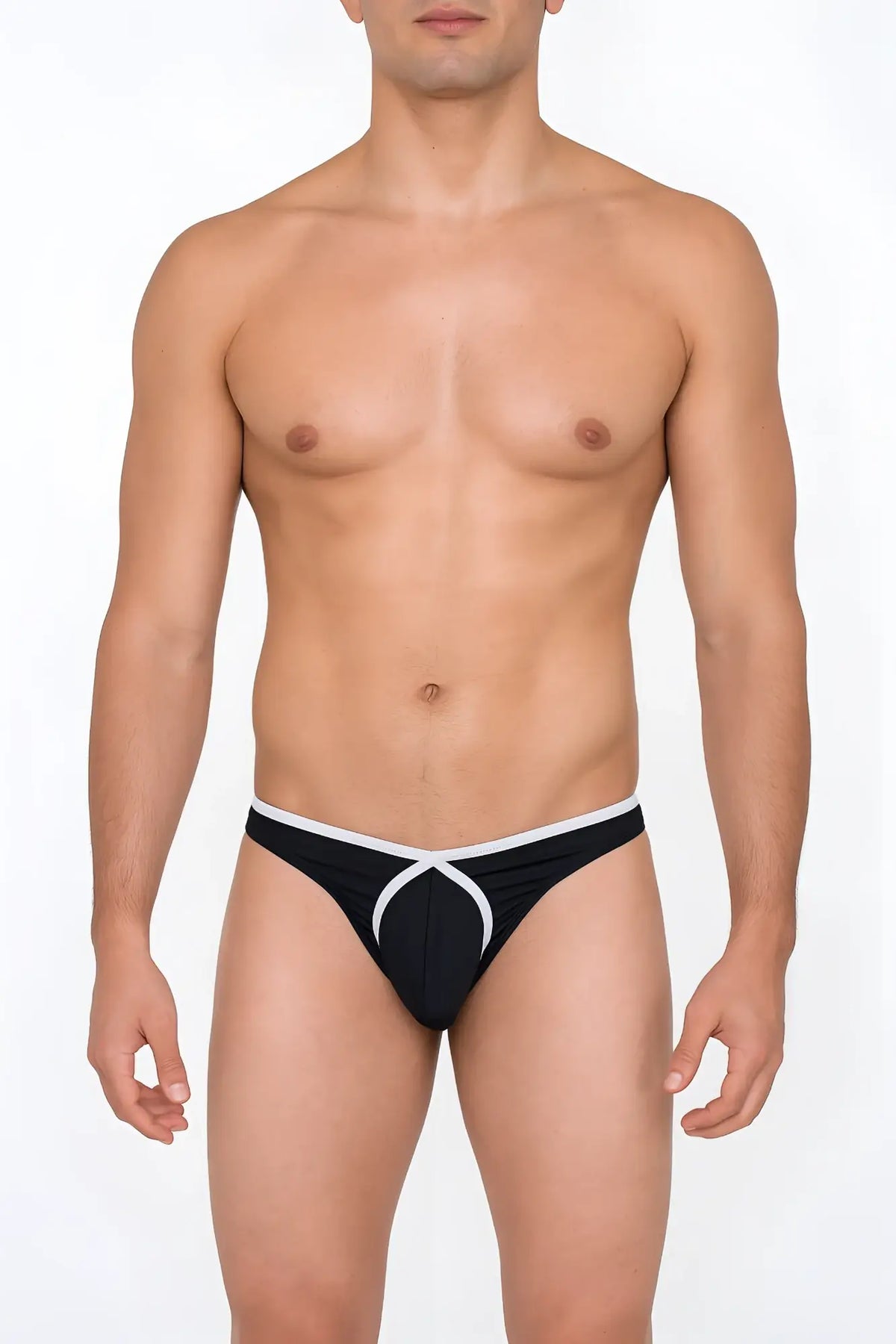 Black and white tartarus tear drop thong with a distinctive curved front design for stylish comfort