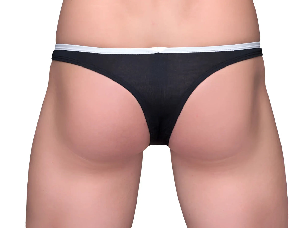 Black tartarus tear drop thong with white elastic waistband showing front side design and material details
