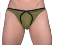 Olive green tartarus tear drop thong athletic briefs with black trim and a supportive contoured design
