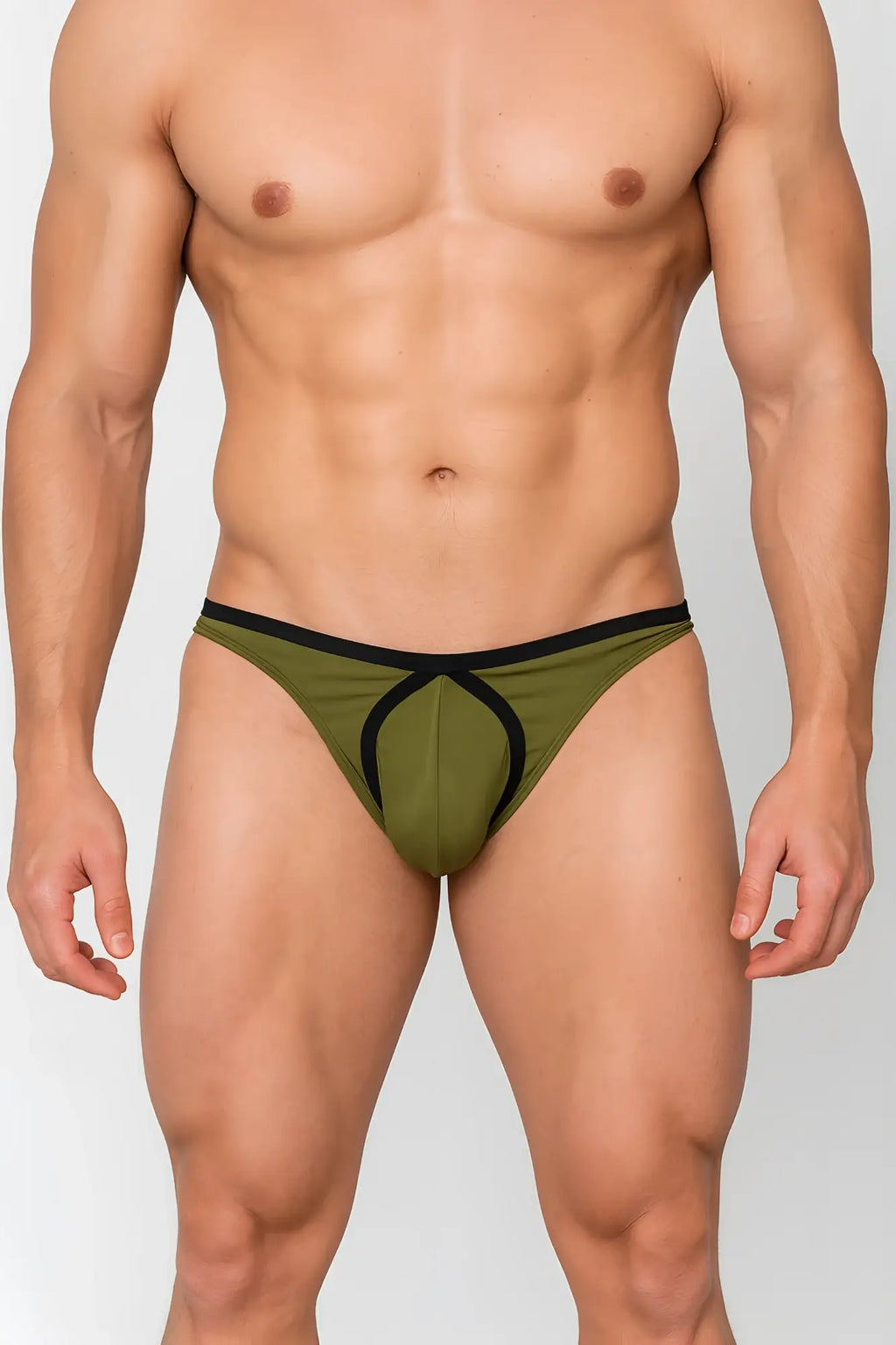 Olive green and black tartarus tear drop thong athletic briefs featuring a distinctive cutout design