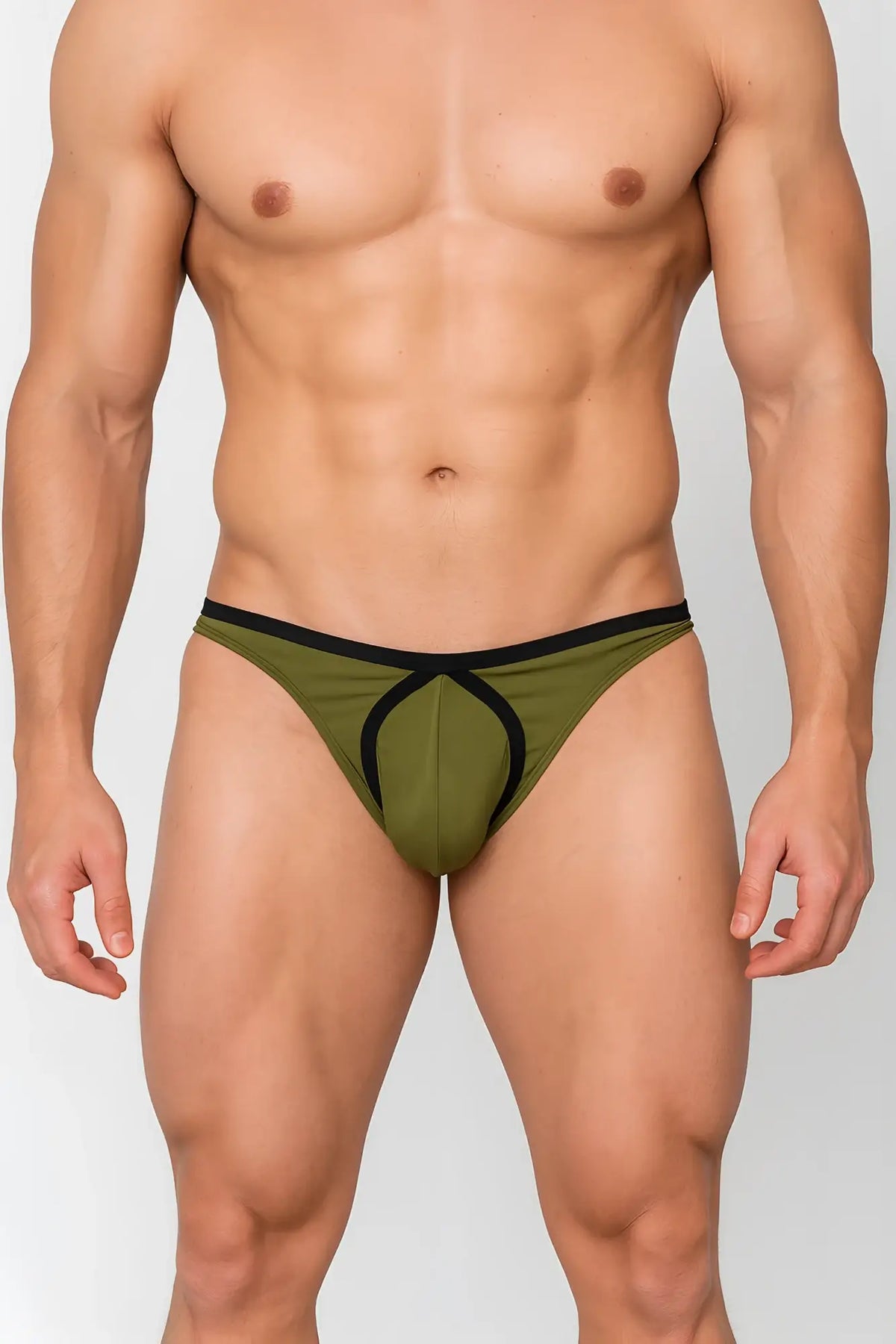 Olive green and black tartarus tear drop thong athletic briefs featuring a distinctive cutout design