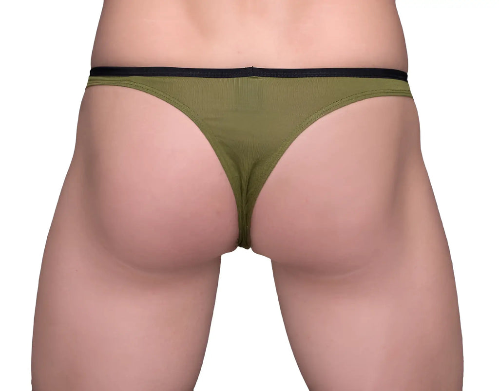 Olive green tartarus tear drop thong with black elastic waistband featuring a comfortable stretchy fit