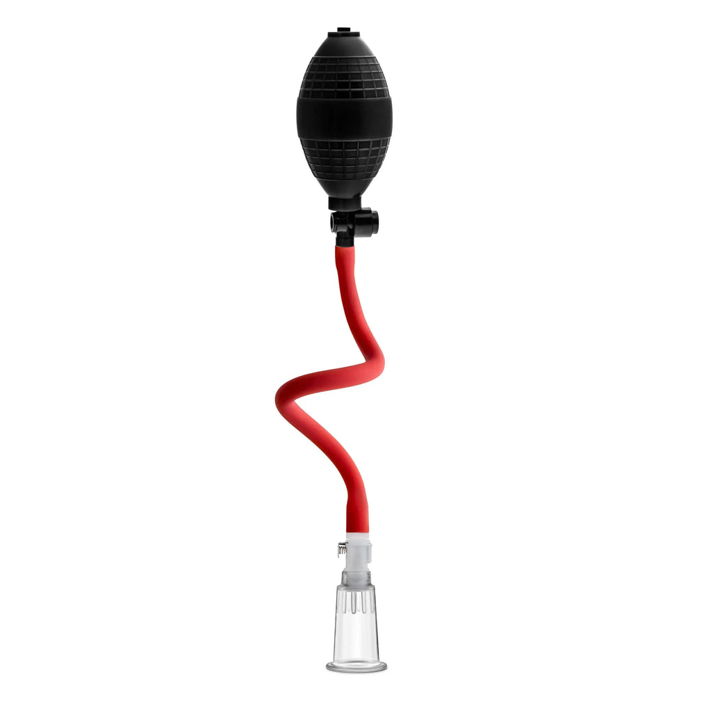 Black and red inflatable suction cup clitoral pump with clear plastic base from temptasia beginners pumping system