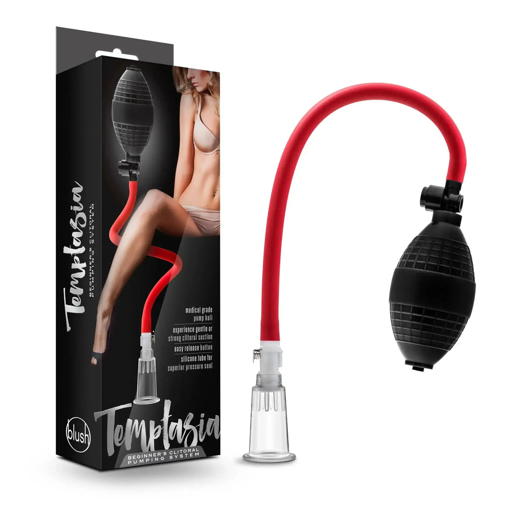 Red and black Temptasia beginners clitoral pumping system with a flexible silicone tube for gentle stimulation